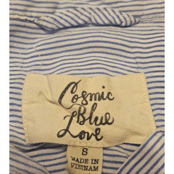 Size Small Cosmic Blue Love Button Down Tshirt Blouse Blue and White Collared - Picture 3 of 3